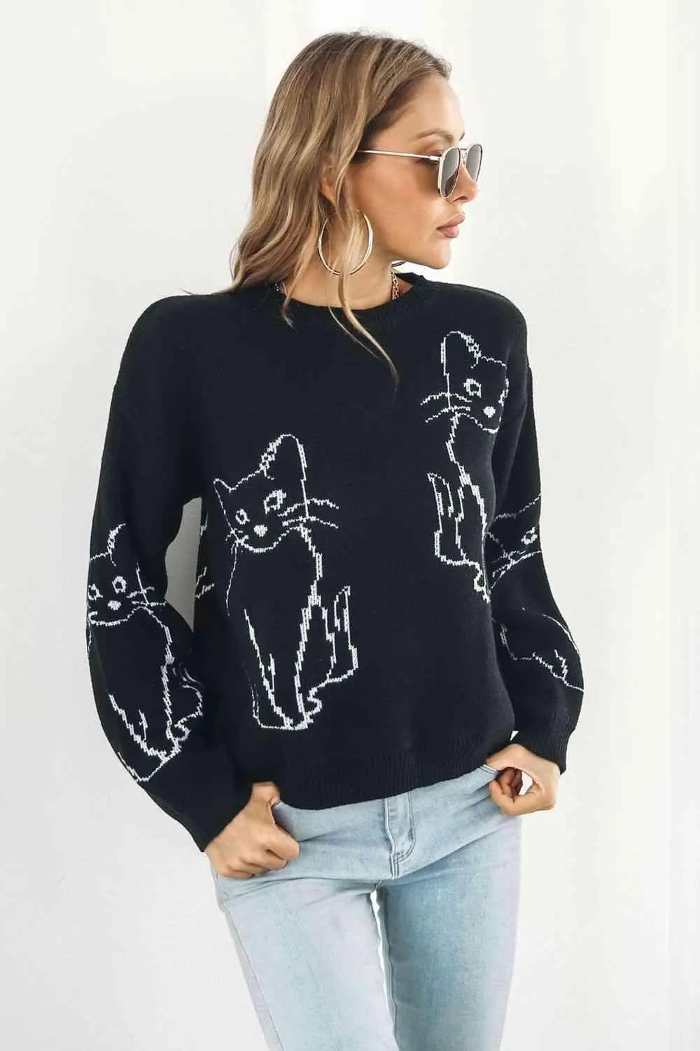 Pet Lover Knitted Crew Neck Cat Sweater