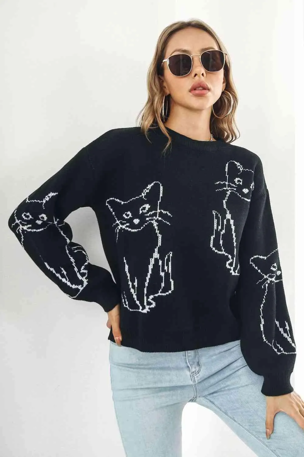Pet Lover Knitted Crew Neck Cat Sweater