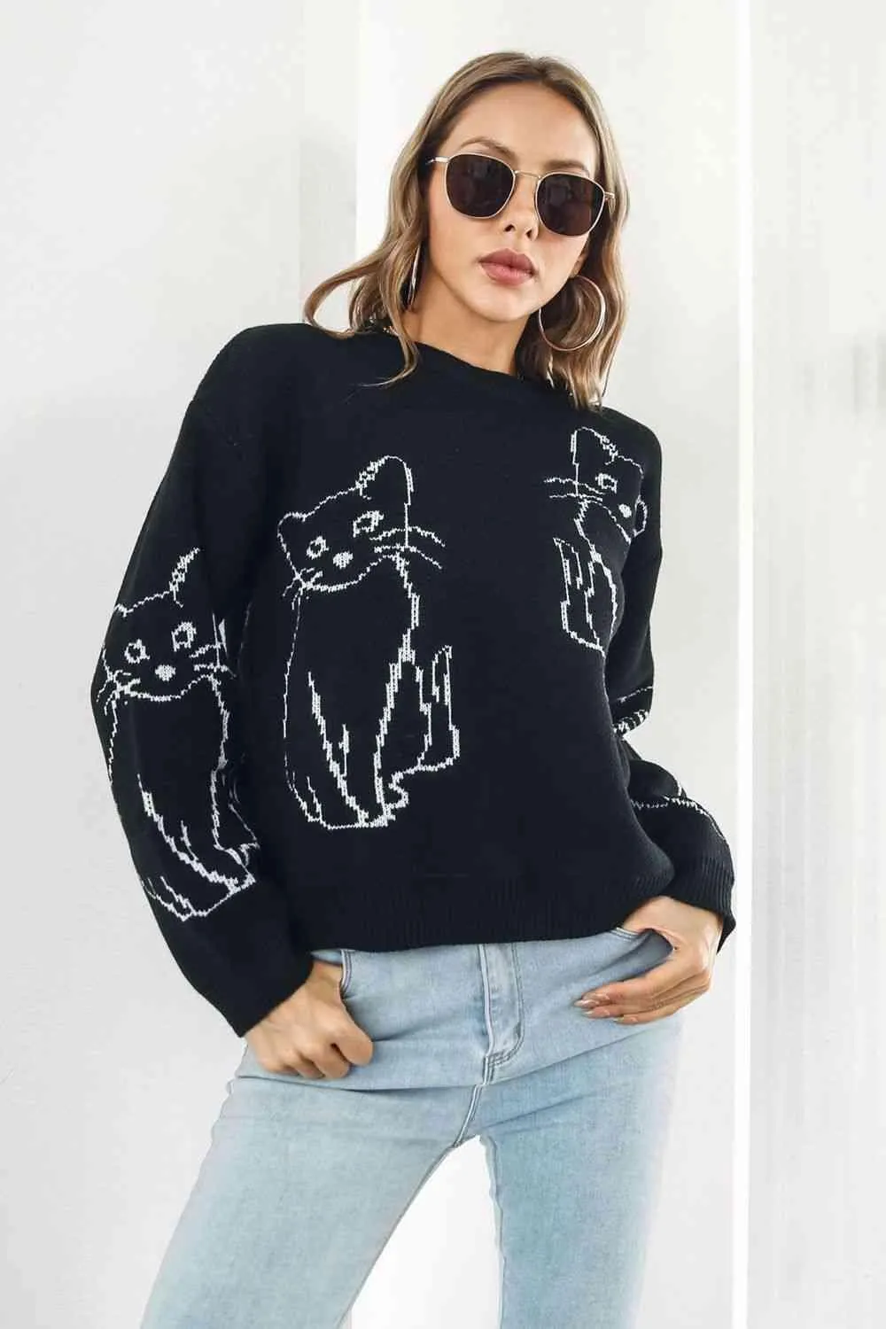 Pet Lover Knitted Crew Neck Cat Sweater