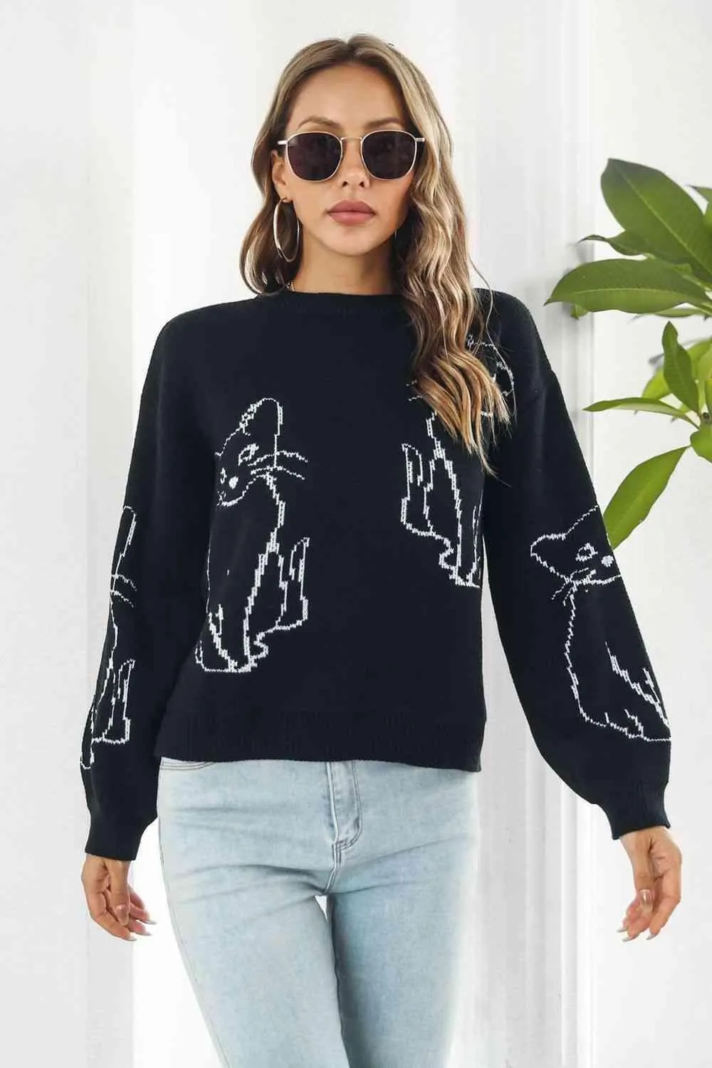 Pet Lover Knitted Crew Neck Cat Sweater